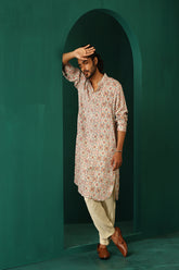Truebrowns Men'S Off White Circle Floral Muslin Silk Printed Long Kurta